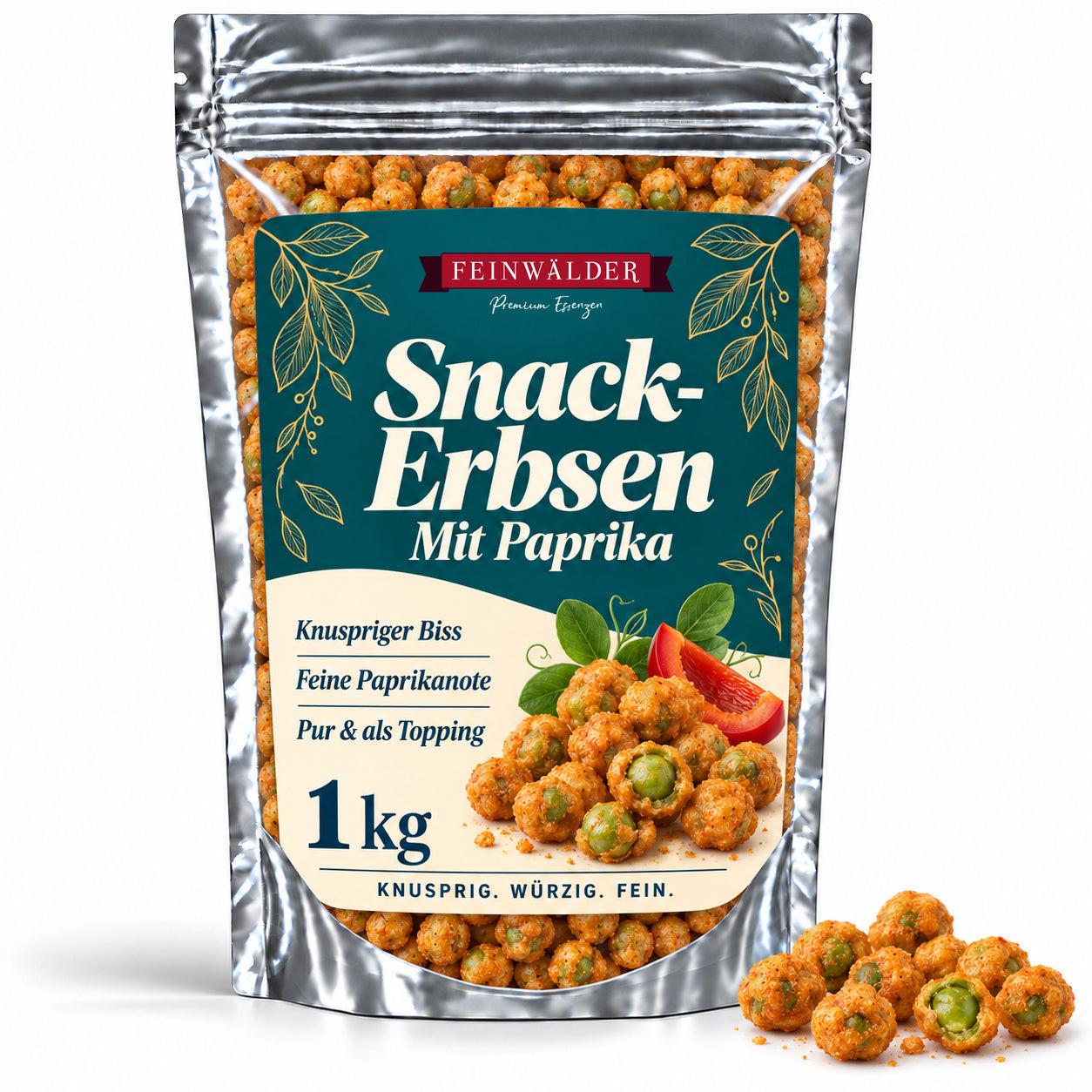 Silberner Feinwälder-Zip-Beutel mit knusprig ummantelten grünen Paprika-Erbsen und petrolfarbenem Etikett.