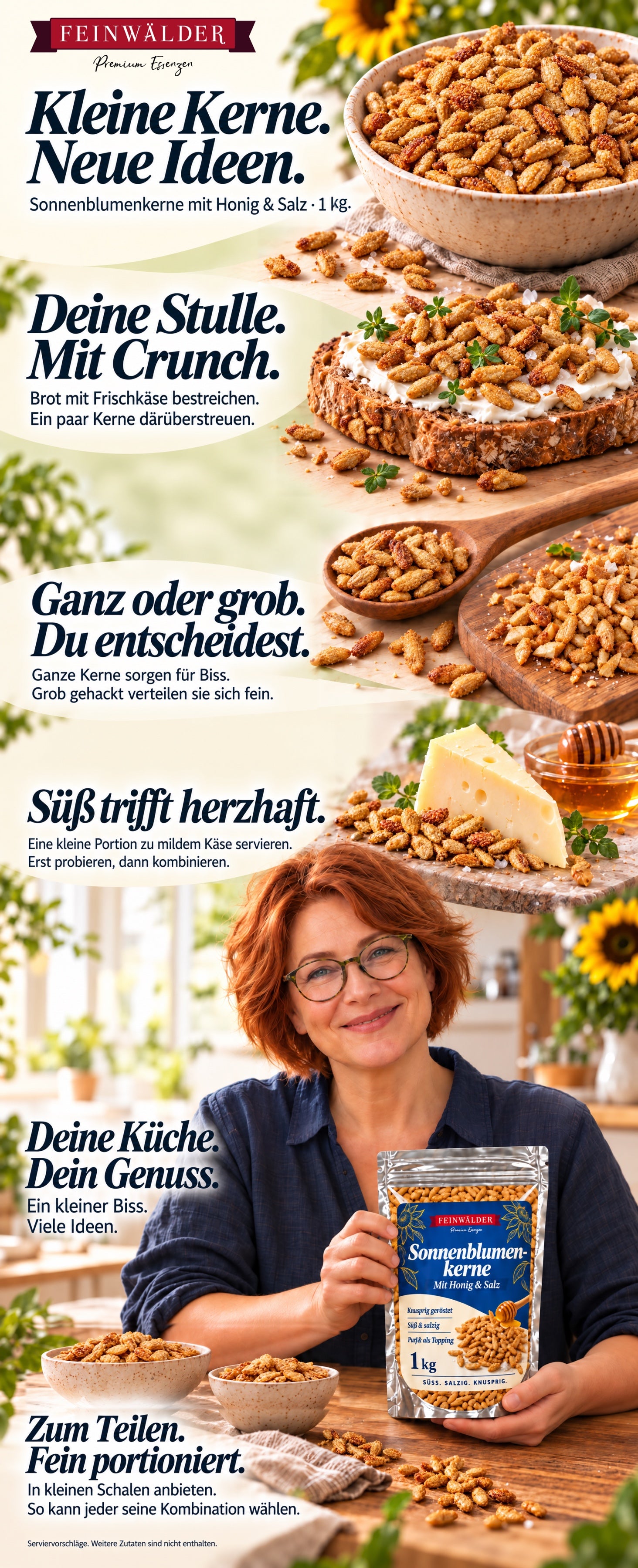 Semi di girasole con miele e sale: pane al formaggio fresco, semi interi o tritati, formaggio delicato e sacchetto da 1 kg tenuto naturalmente.