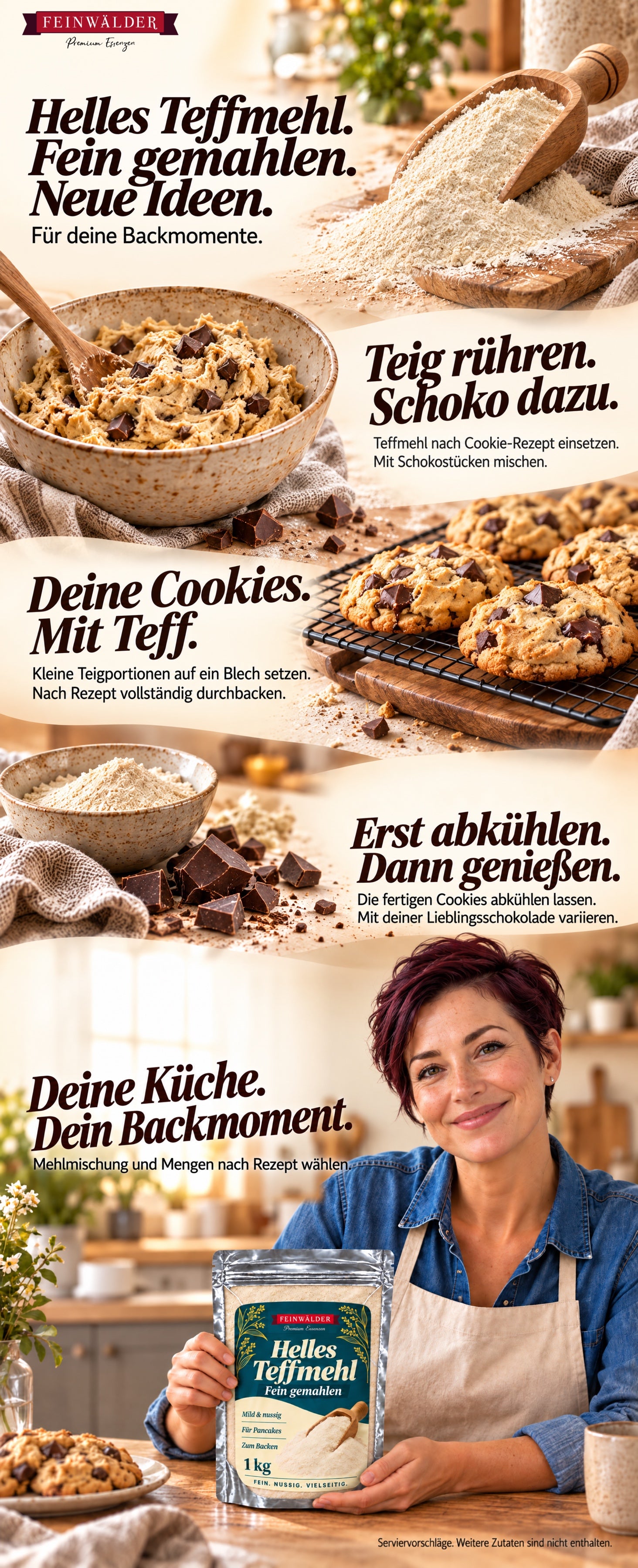 Helles Teffmehl · 1 kg. Durchgehender A+-Inhalt mit ergänzender Küchenidee und natürlich gehaltener Feinwälder-Verpackung.