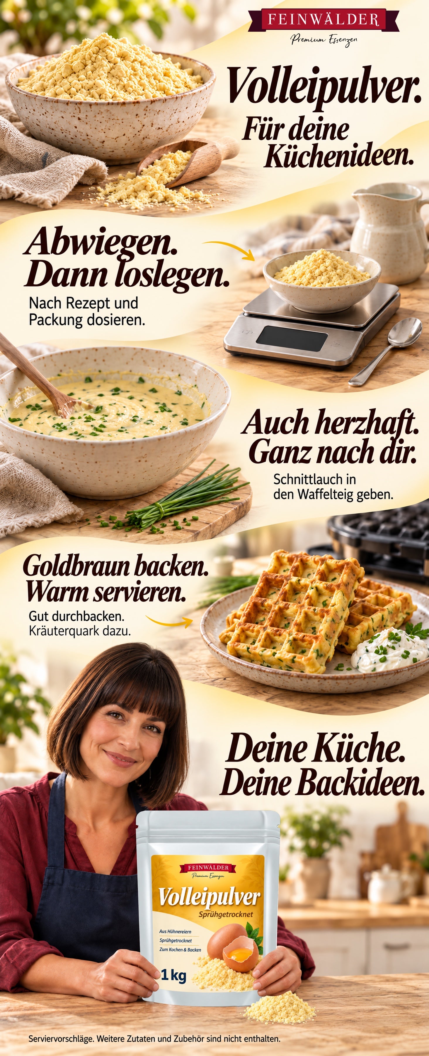 Feinwälder Volleipulver: nach Rezept und Packung abwiegen, Schnittlauch in herzhaften Waffelteig geben und durchgebackene Waffeln mit Kräuterquark servieren; eine Frau hält den originalen 1-kg-Beutel in einer hellen Küche.