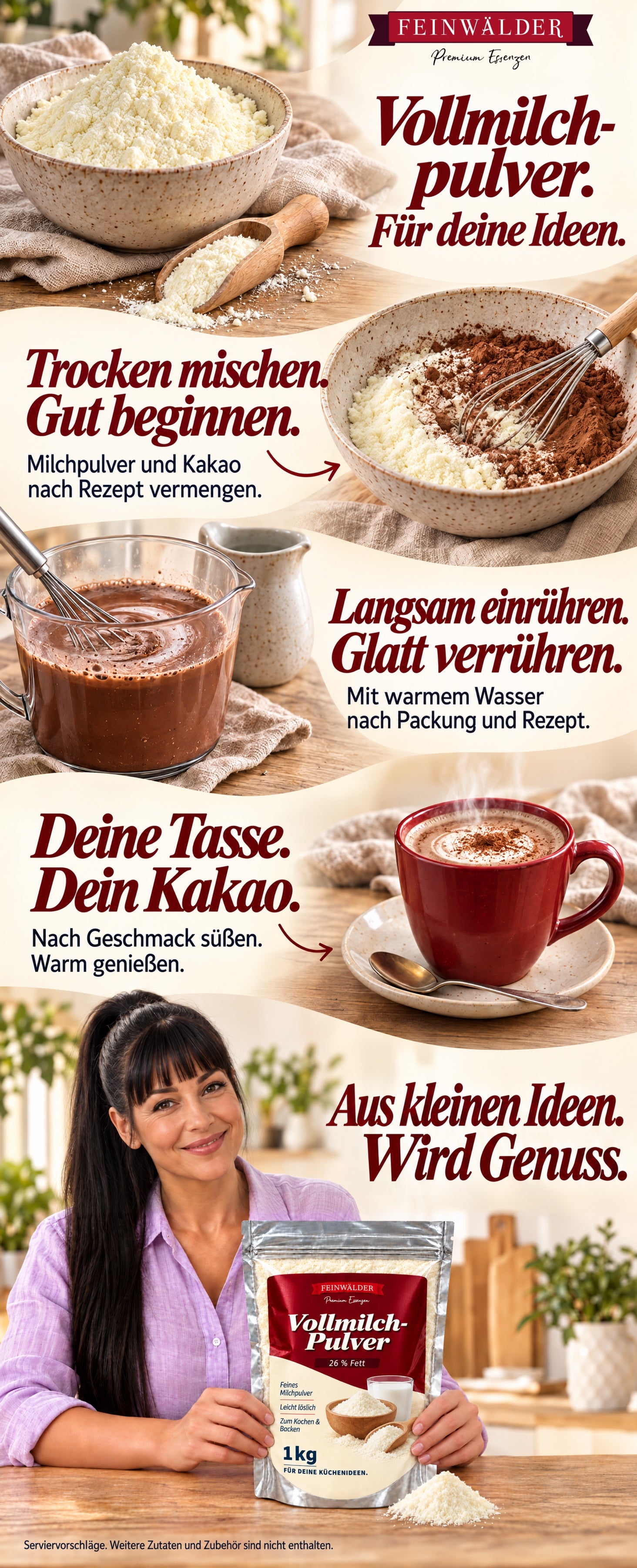 Feinwälder Vollmilchpulver: mit Kakao trocken mischen, nach Packung und Rezept mit warmem Wasser verrühren und als warme Tasse Kakao genießen; eine Frau hält den roten 1-kg-Beutel in einer hellen Küche.