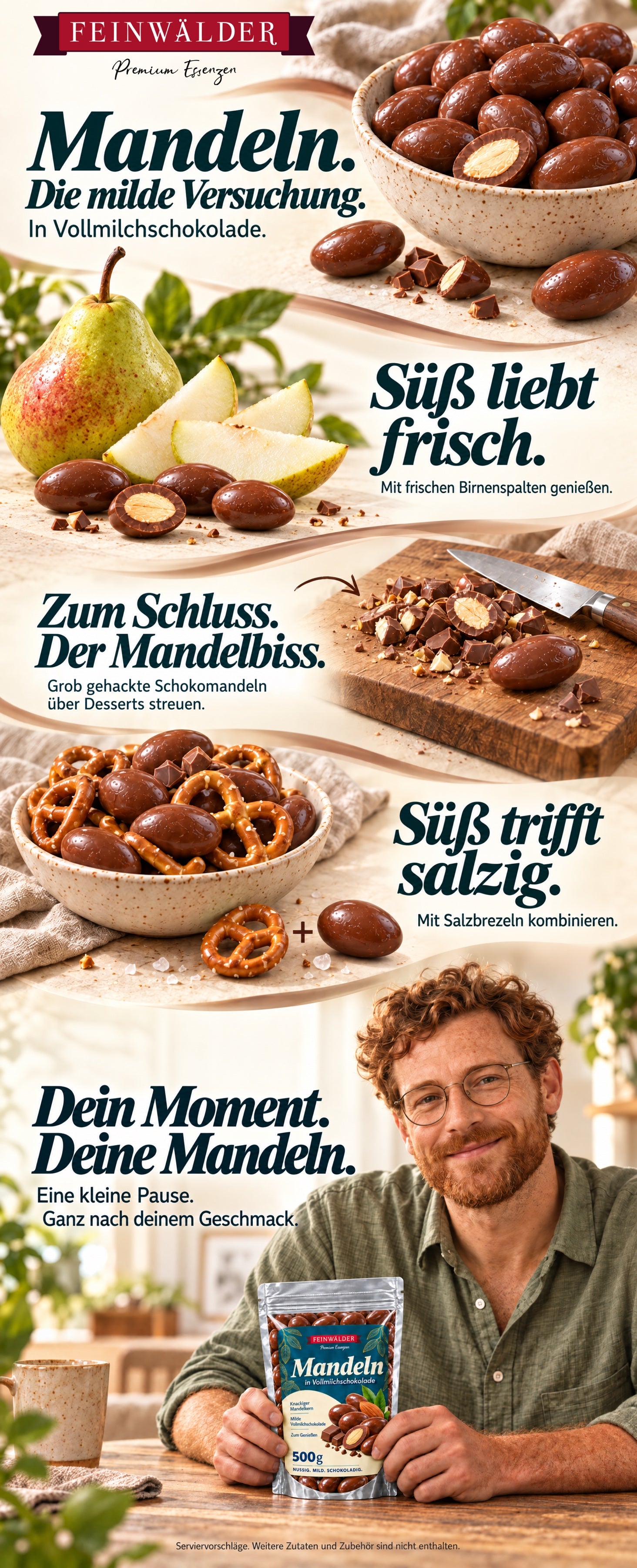 Feinwälder Mandeln in Vollmilchschokolade: Mandelkerne mit frischer Birne, grob gehackt über Desserts gestreut und mit Salzbrezeln. Ein Mann mit lockigem rotem Haar und Brille hält den petrolfarbenen 500-g-Beutel am Holztisch.