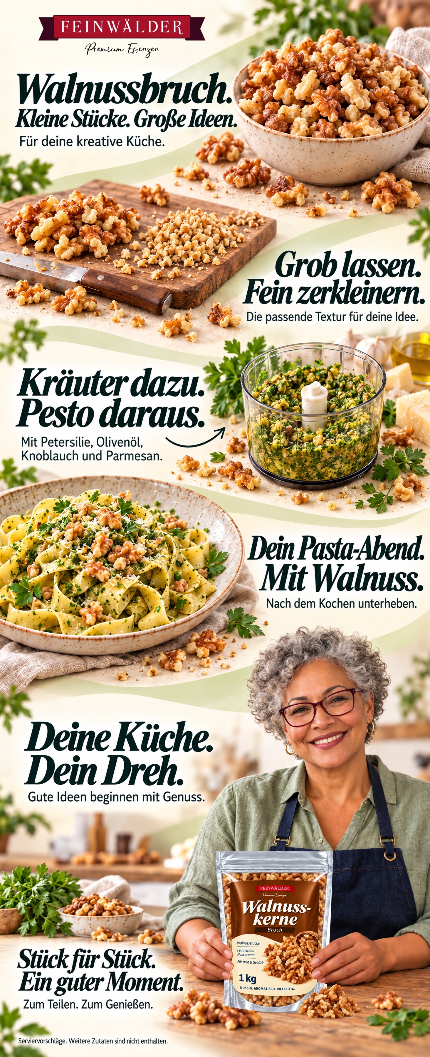 Pozostaw kawałki orzechów włoskich grube lub drobno je rozdrobnij, przygotuj pesto z pietruszką, oliwą, czosnkiem i parmezanem i wymieszaj z makaronem po ugotowaniu. Kobieta prezentuje oryginalny worek Feinwälder 1-kg przy kuchennym stole.