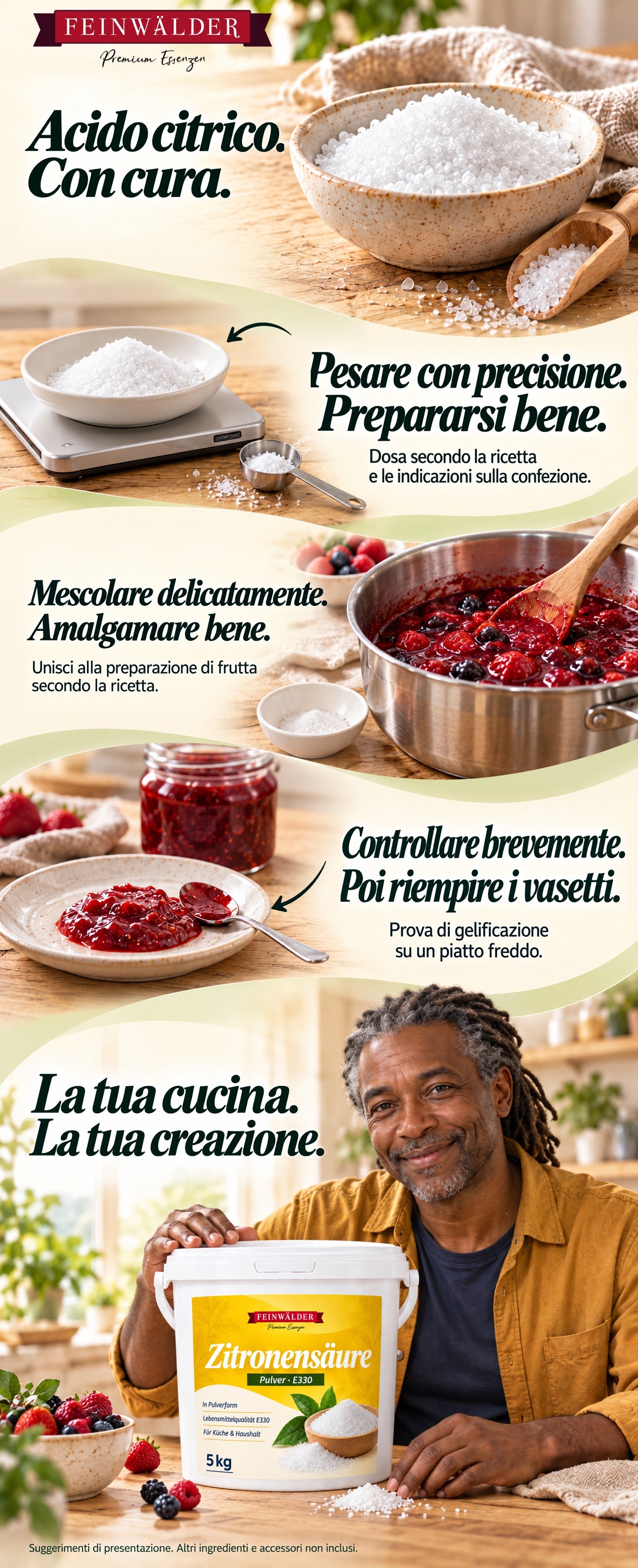 Acido citrico: pesare secondo ricetta e confezione, unire alla frutta e fare la prova su un piatto freddo; un uomo con il secchio da 5 kg.